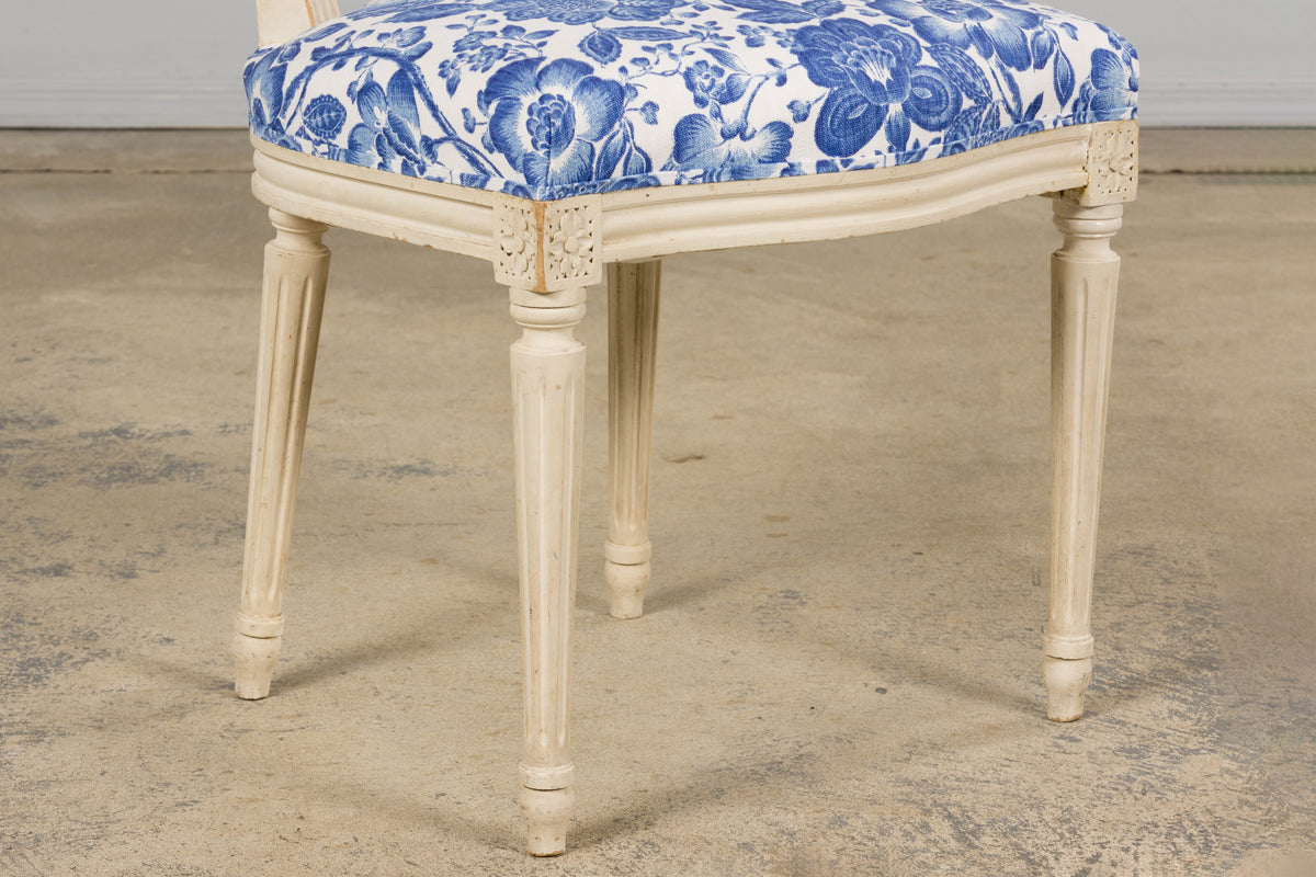 Antique French Louis XVI Style Painted Accent Side Chair in Blue Floral
