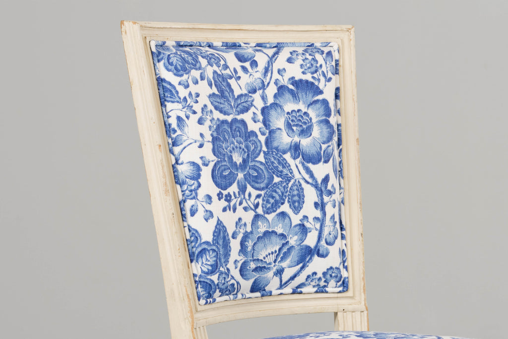 Antique French Louis XVI Style Painted Accent Side Chair in Blue Floral