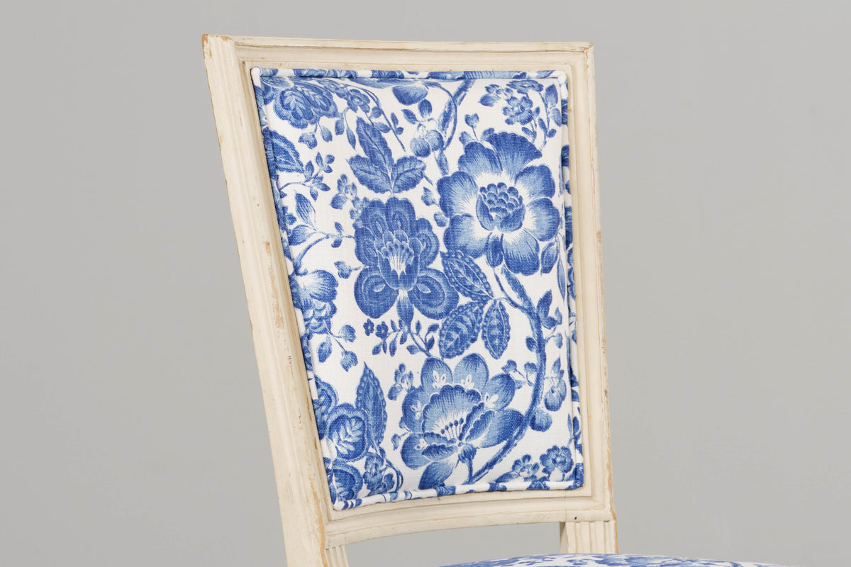Antique French Louis XVI Style Painted Accent Side Chair in Blue Floral