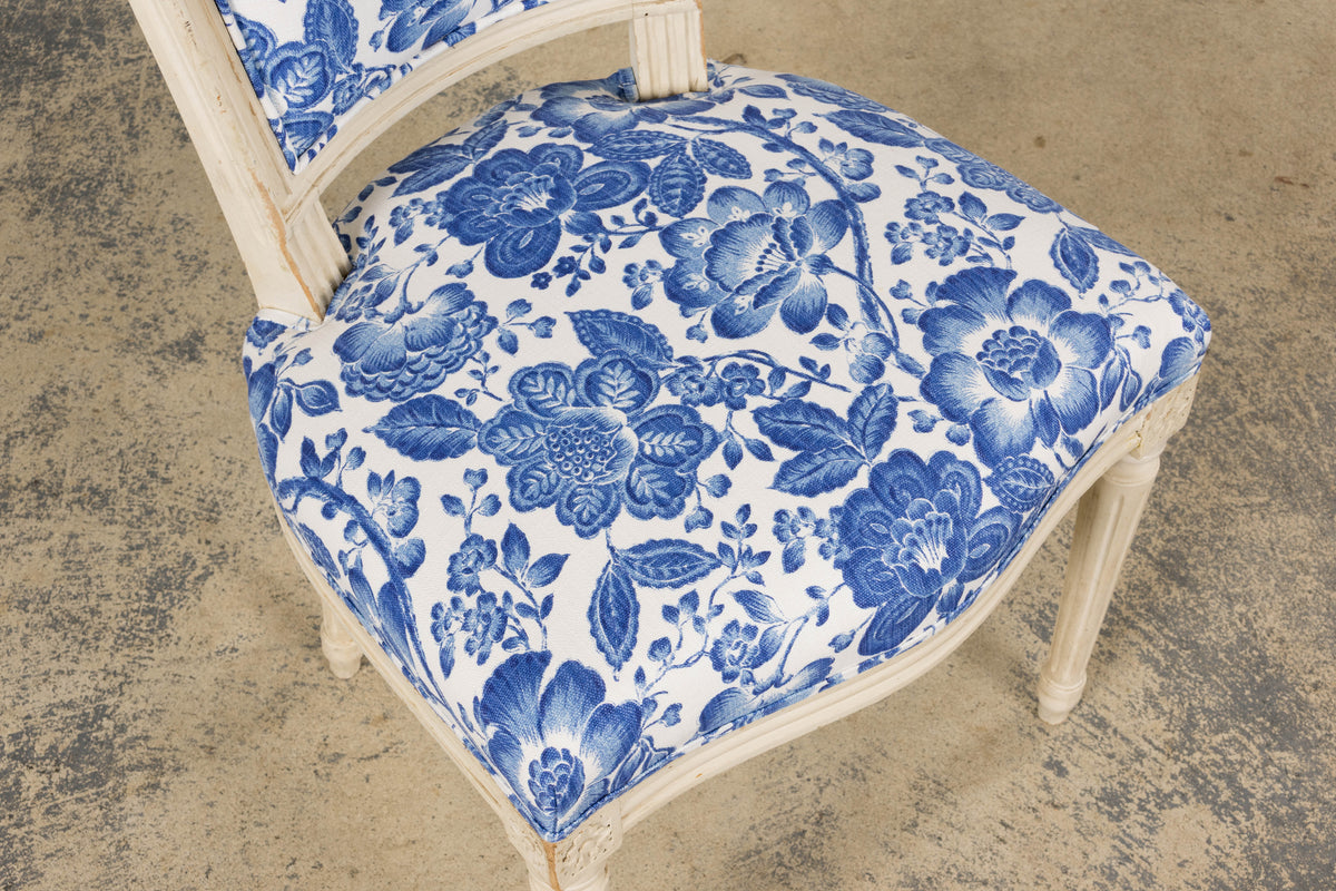 Antique French Louis XVI Style Painted Accent Side Chair in Blue Floral