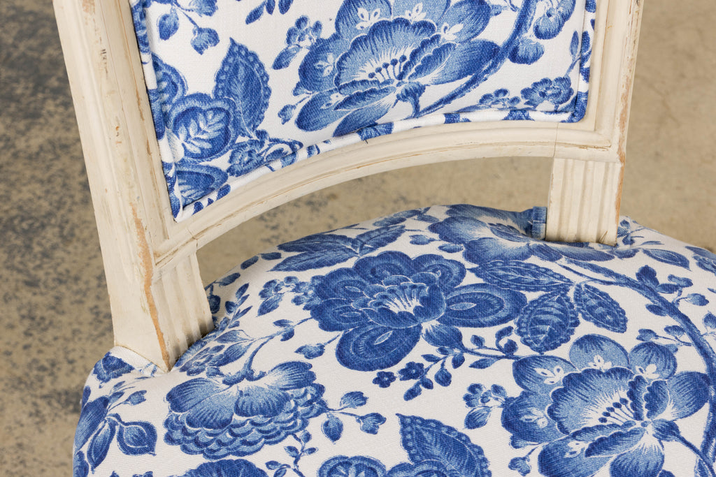 Antique French Louis XVI Style Painted Accent Side Chair in Blue Floral