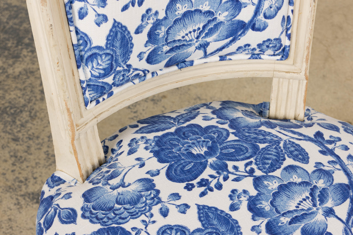 Antique French Louis XVI Style Painted Accent Side Chair in Blue Floral