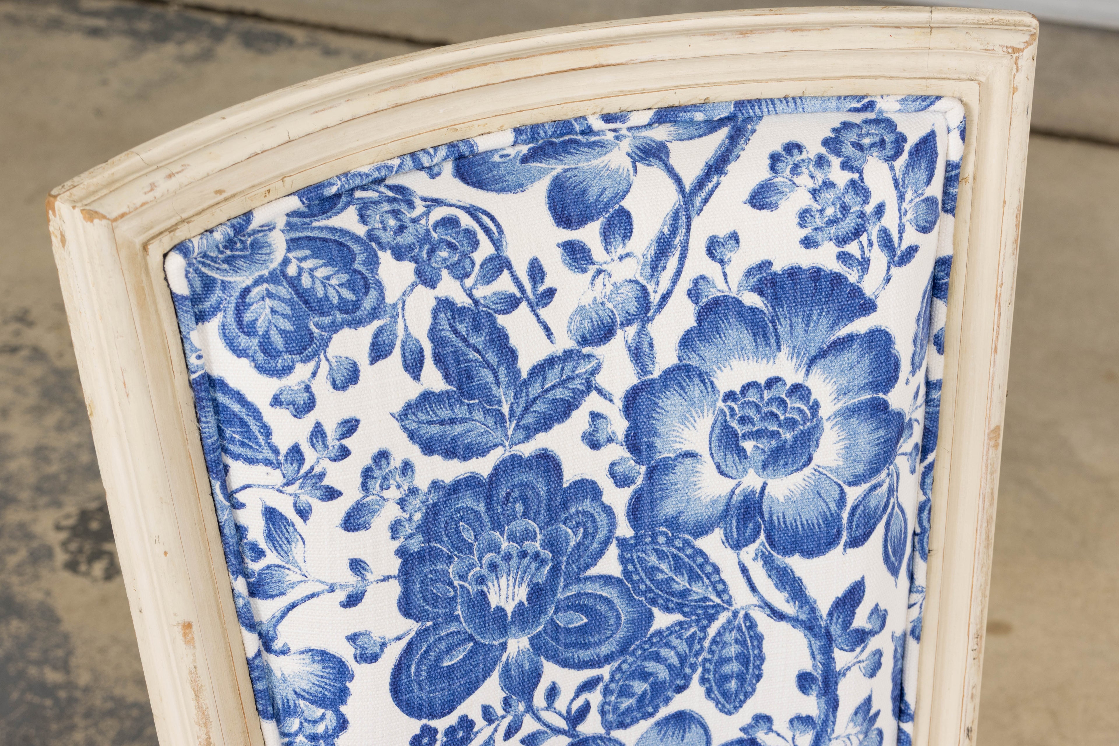 Antique French Louis XVI Style Painted Accent Side Chair in Blue Floral