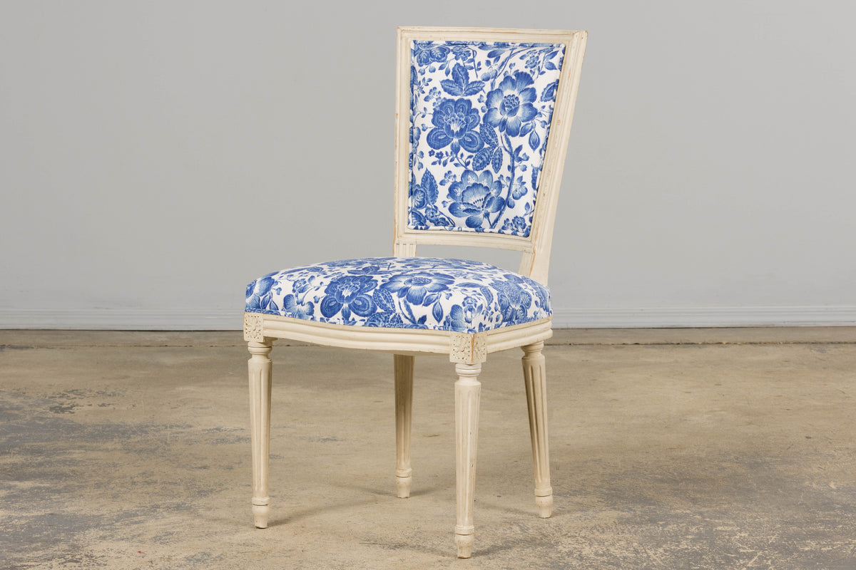 Antique French Louis XVI Style Painted Accent Side Chair in Blue Floral