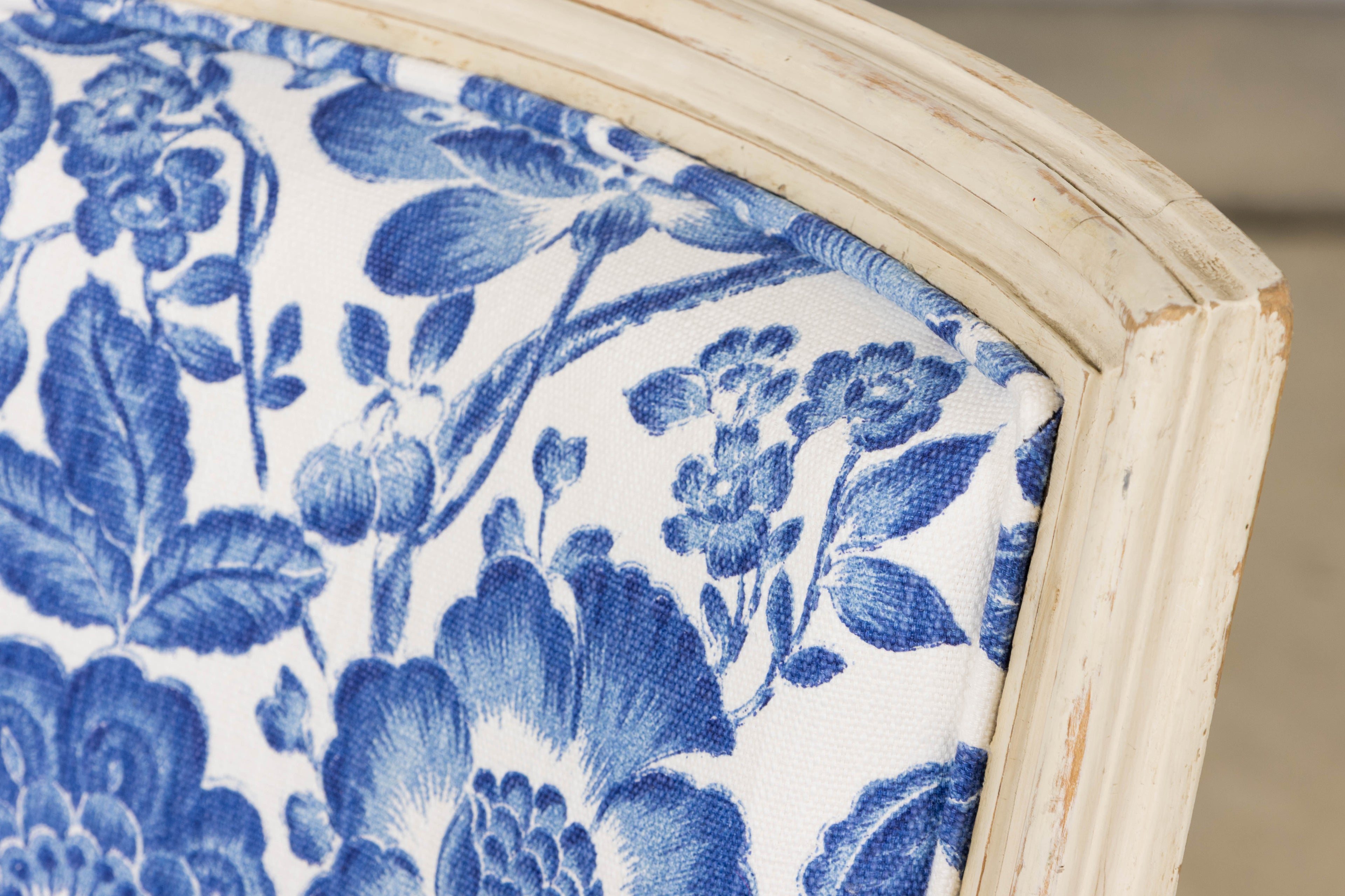 Antique French Louis XVI Style Painted Accent Side Chair in Blue Floral