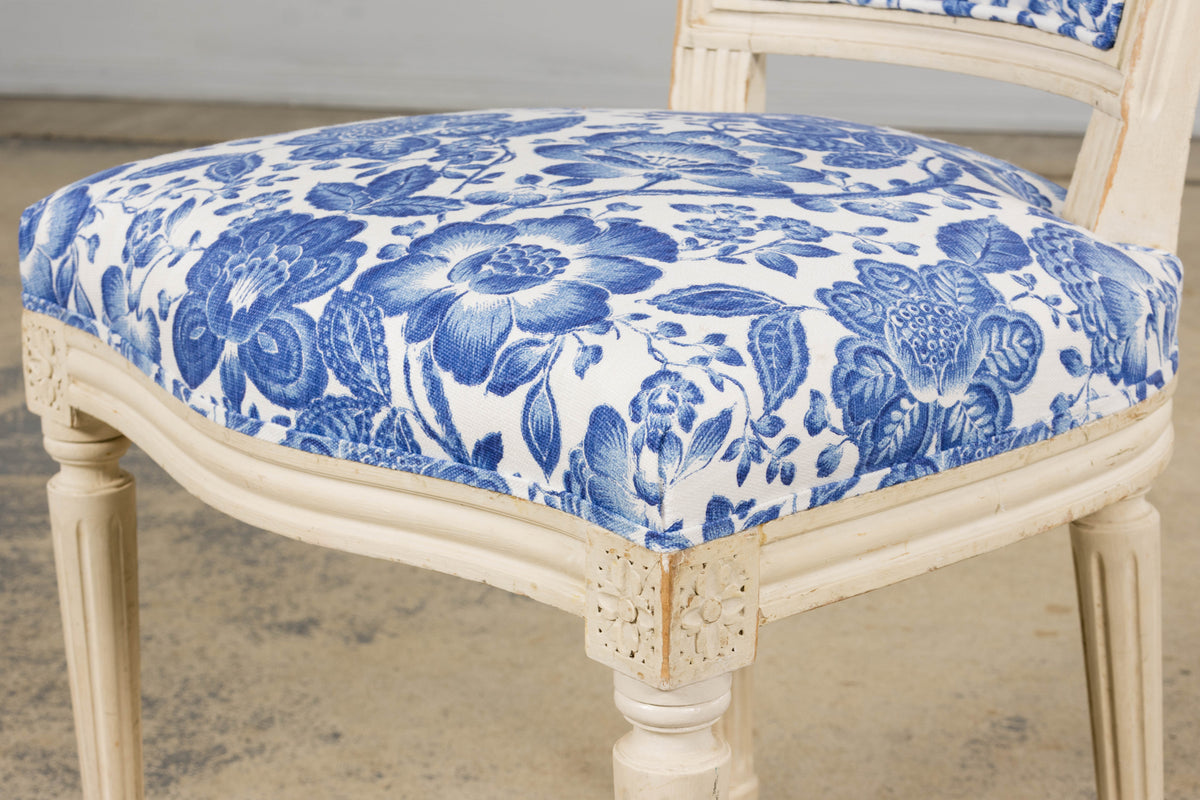 Antique French Louis XVI Style Painted Accent Side Chair in Blue Floral
