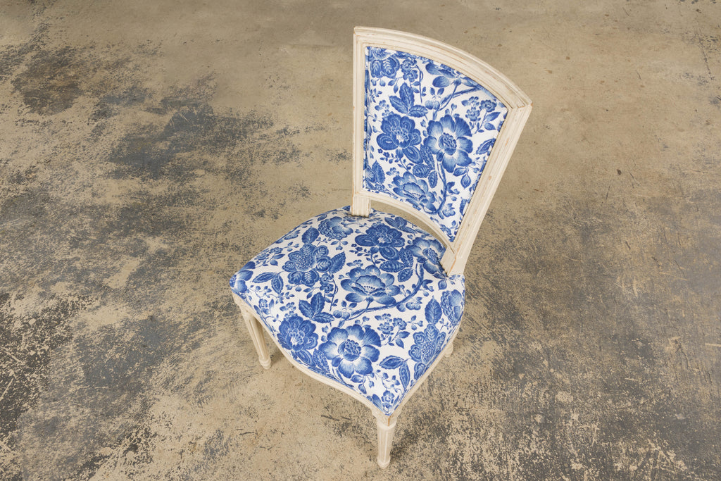 Antique French Louis XVI Style Painted Accent Side Chair in Blue Floral