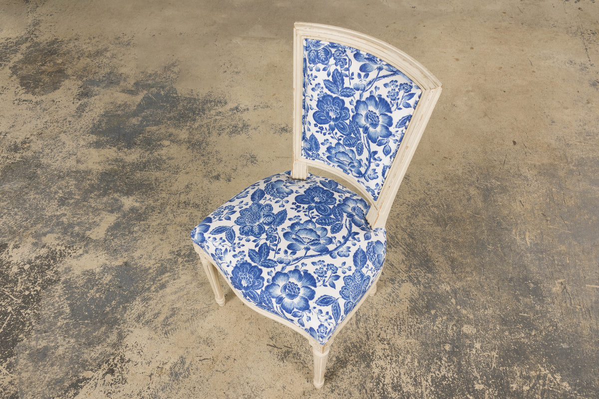 Antique French Louis XVI Style Painted Accent Side Chair in Blue Floral