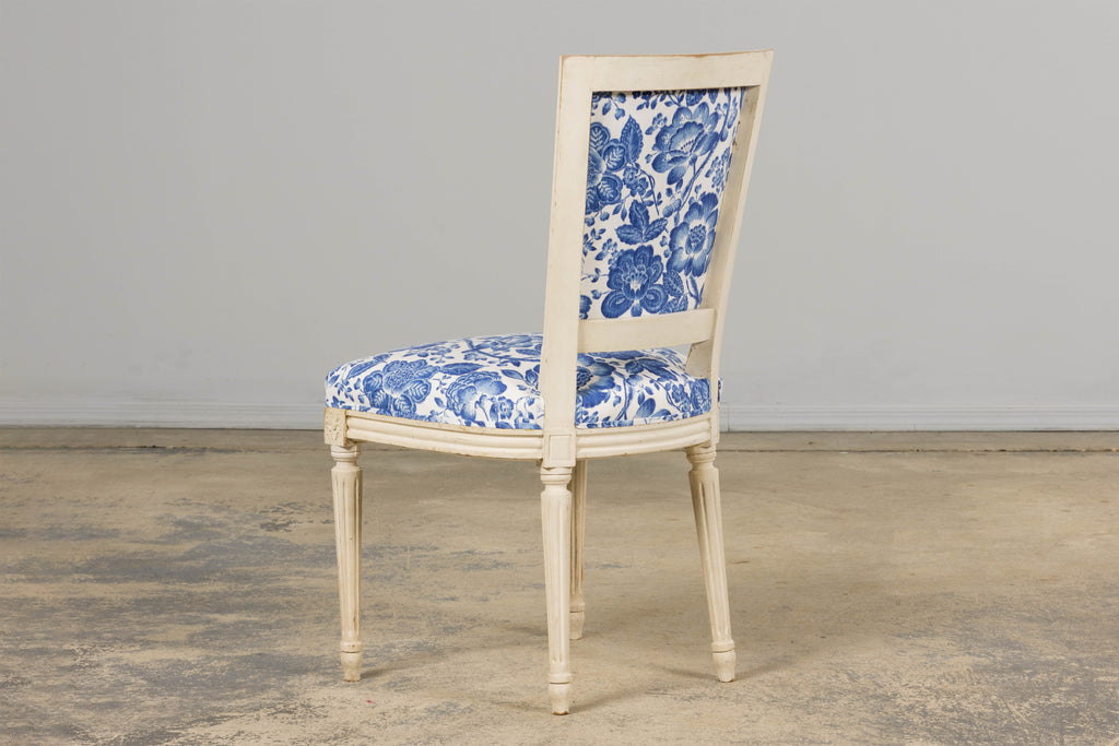 Antique French Louis XVI Style Painted Accent Side Chair in Blue Floral