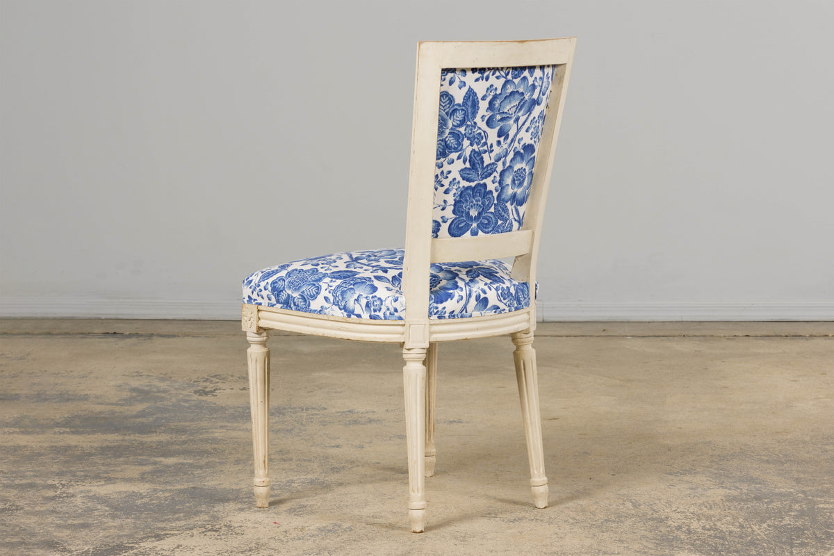 Antique French Louis XVI Style Painted Accent Side Chair in Blue Floral