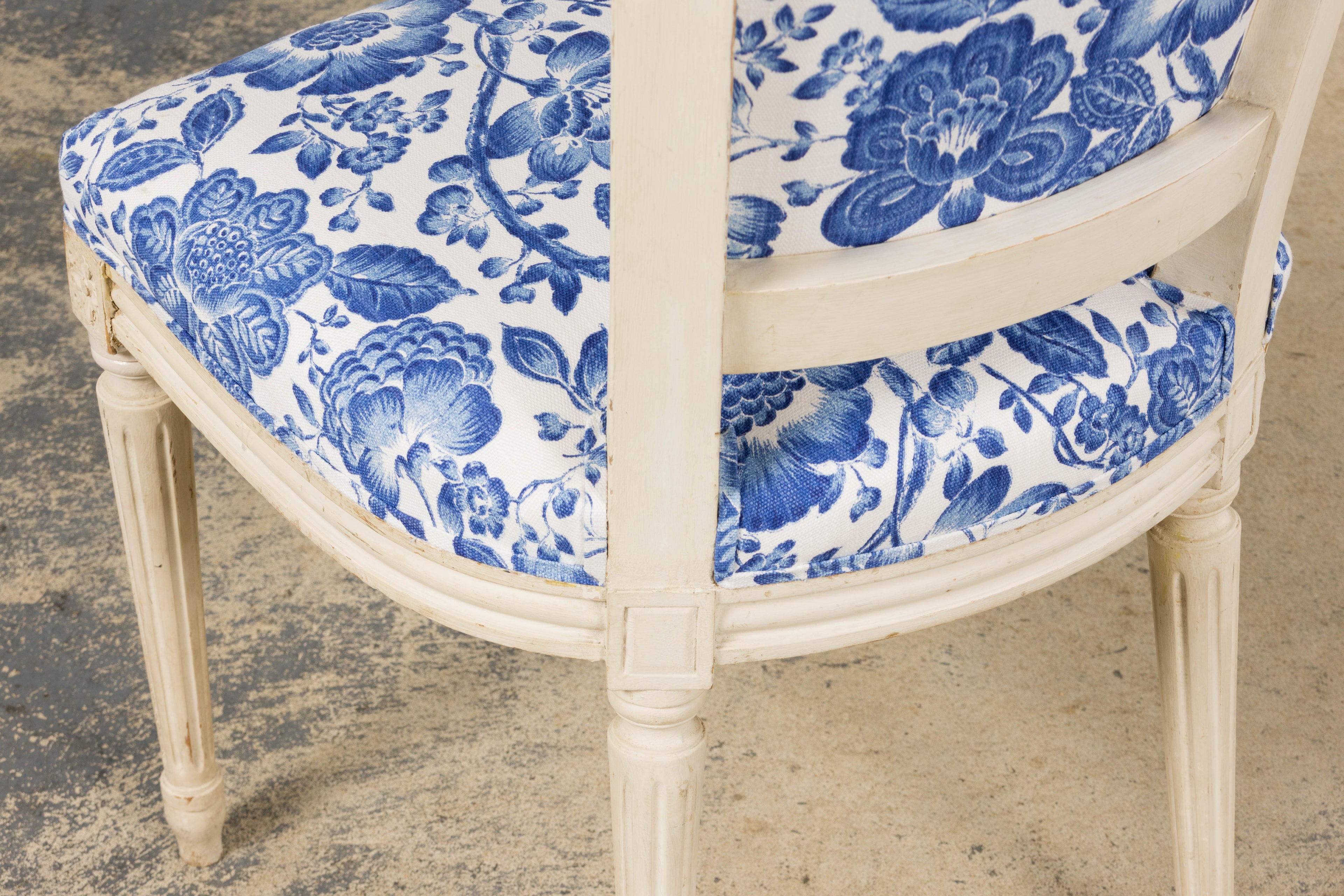 Antique French Louis XVI Style Painted Accent Side Chair in Blue Floral