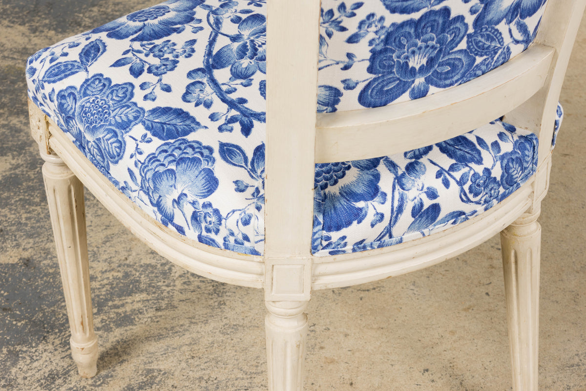 Antique French Louis XVI Style Painted Accent Side Chair in Blue Floral