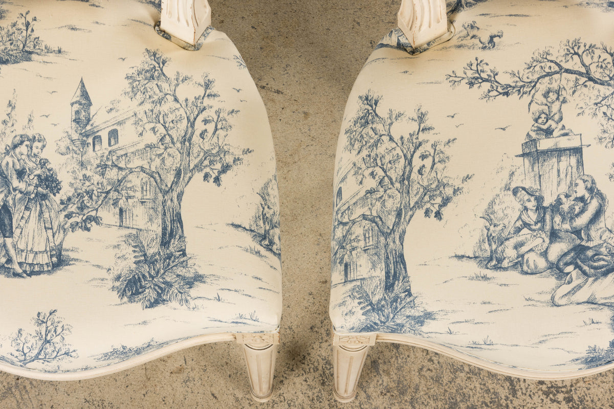 Antique French Louis XVI Style Painted Accent Side Chairs in Blue Toile – A Pair