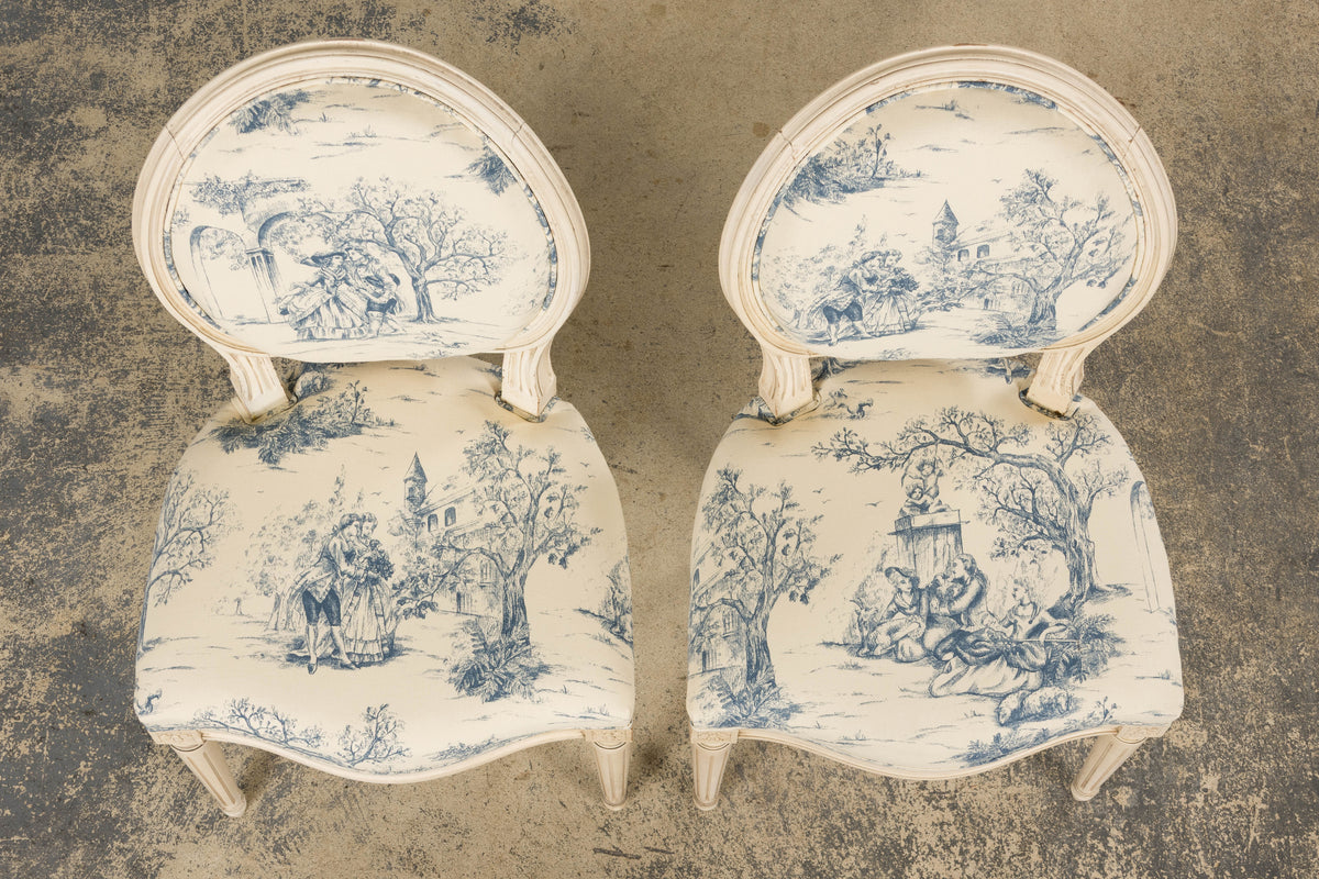 Antique French Louis XVI Style Painted Accent Side Chairs in Blue Toile – A Pair