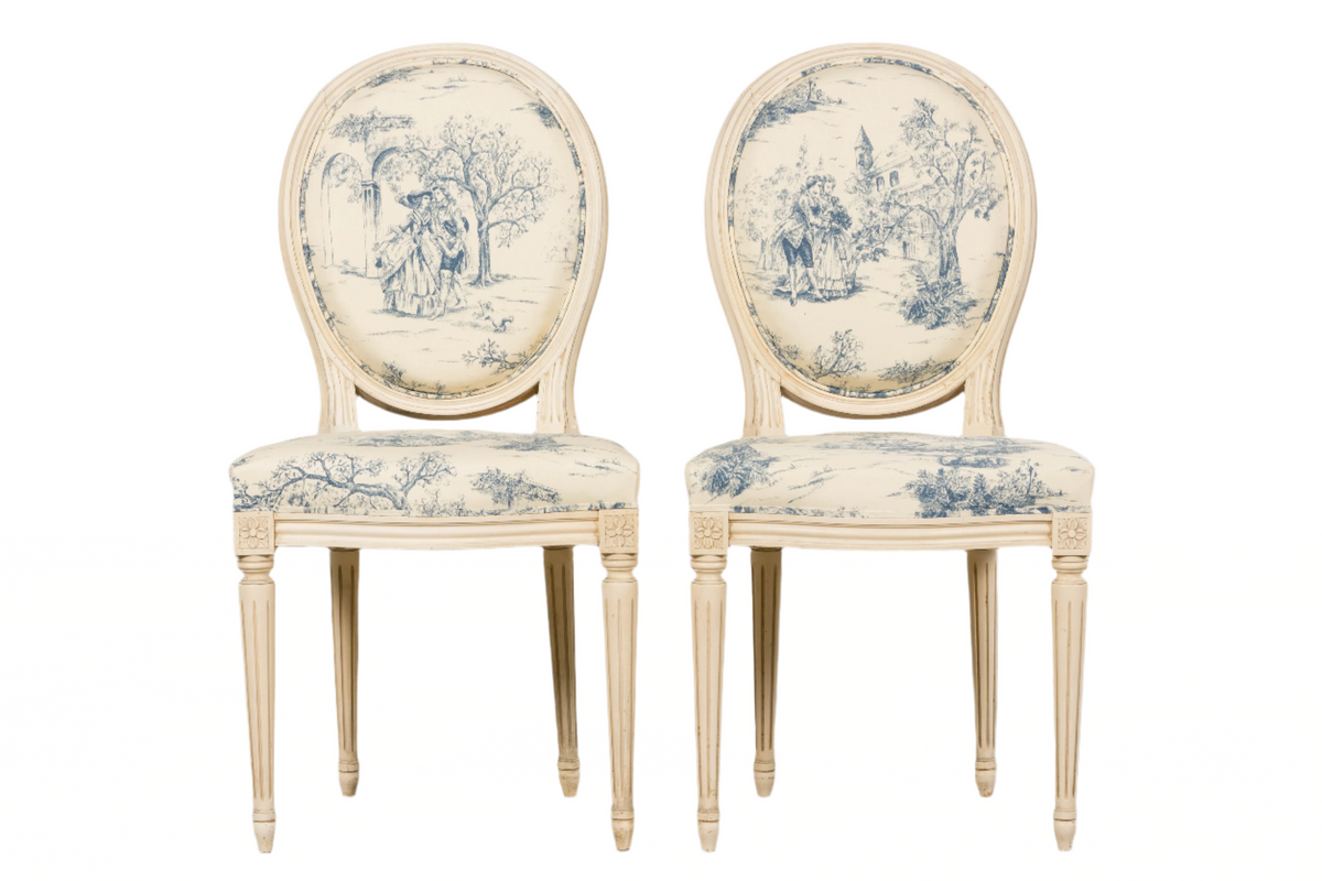 Antique French Louis XVI Style Painted Accent Side Chairs in Blue Toile – A Pair