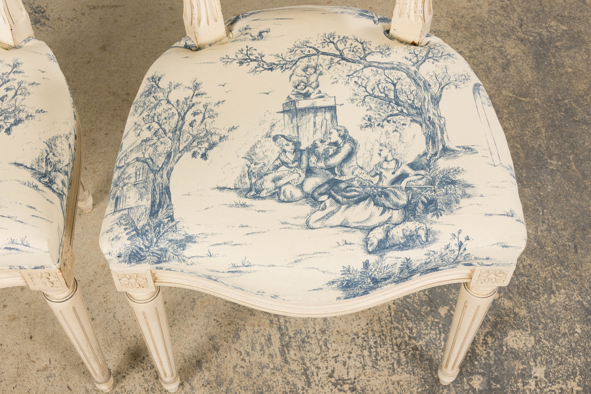 Antique French Louis XVI Style Painted Accent Side Chairs in Blue Toile – A Pair