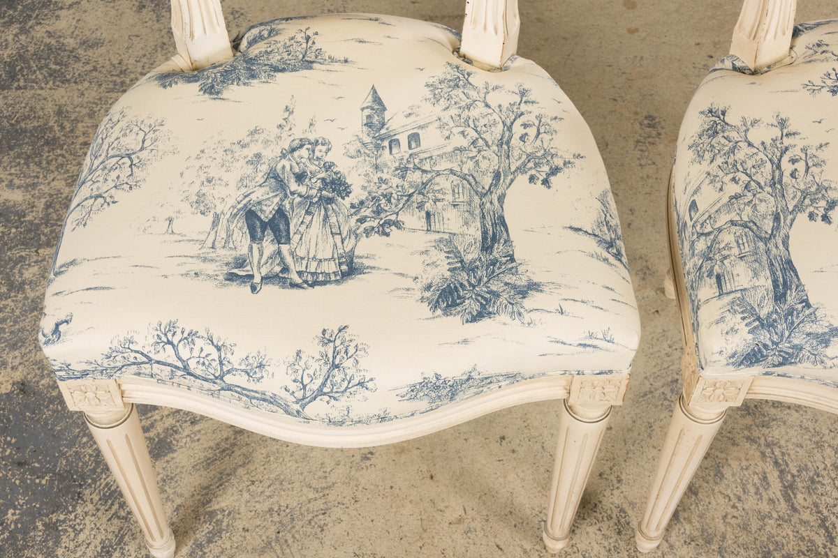 Antique French Louis XVI Style Painted Accent Side Chairs in Blue Toile – A Pair