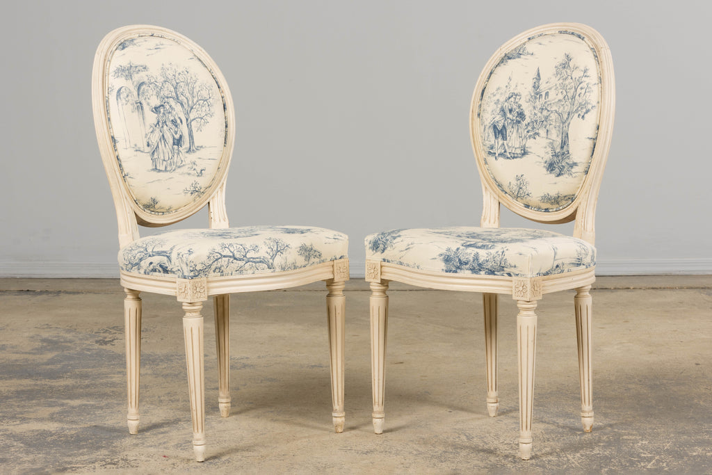 Antique French Louis XVI Style Painted Accent Side Chairs in Blue Toile – A Pair