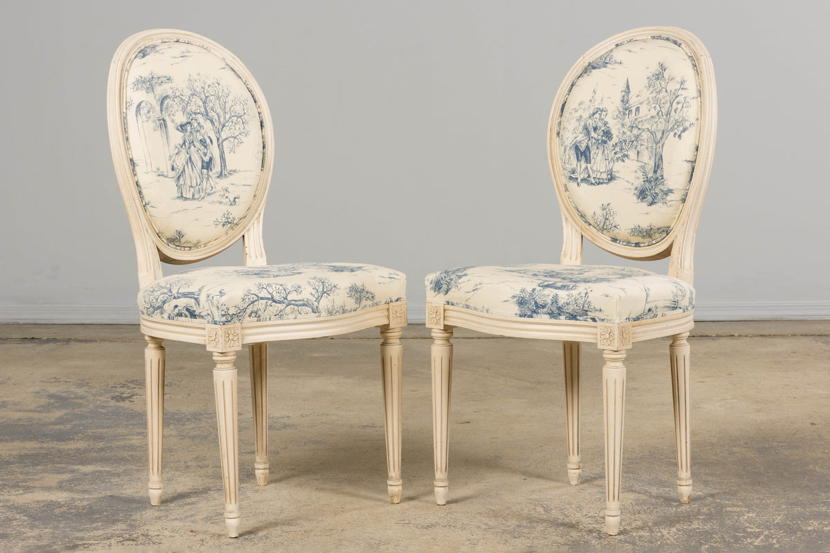 Antique French Louis XVI Style Painted Accent Side Chairs in Blue Toile – A Pair