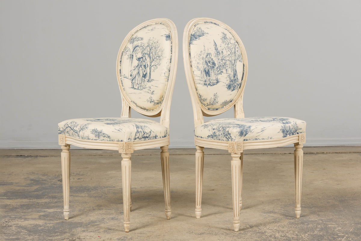 Antique French Louis XVI Style Painted Accent Side Chairs in Blue Toile – A Pair