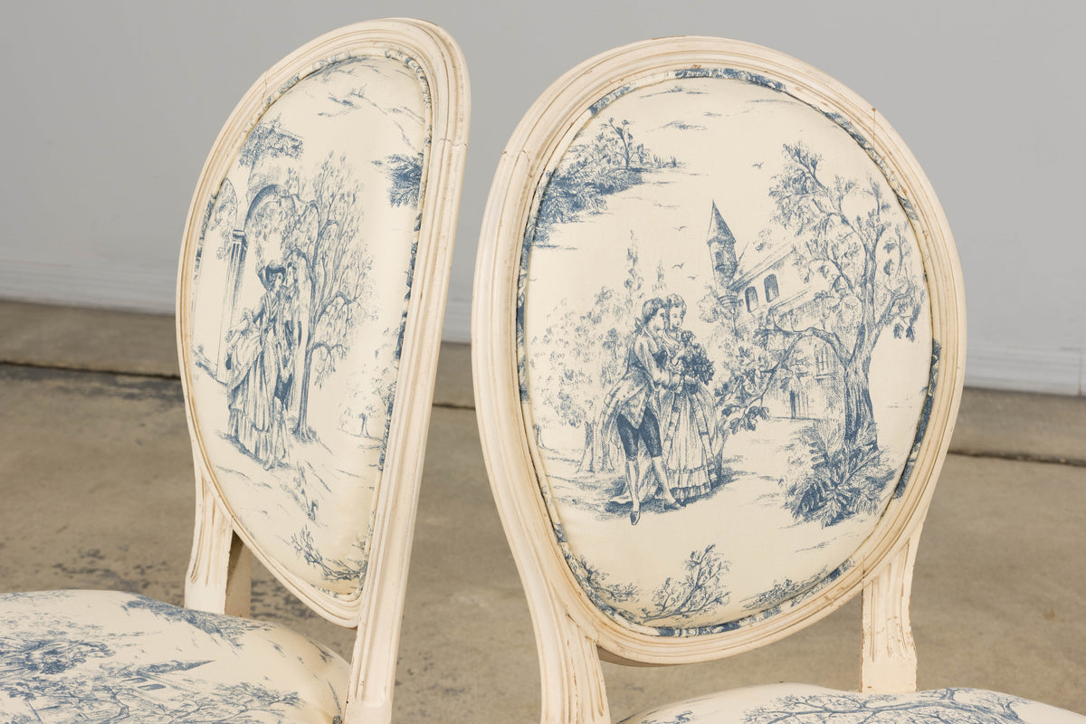 Antique French Louis XVI Style Painted Accent Side Chairs in Blue Toile – A Pair