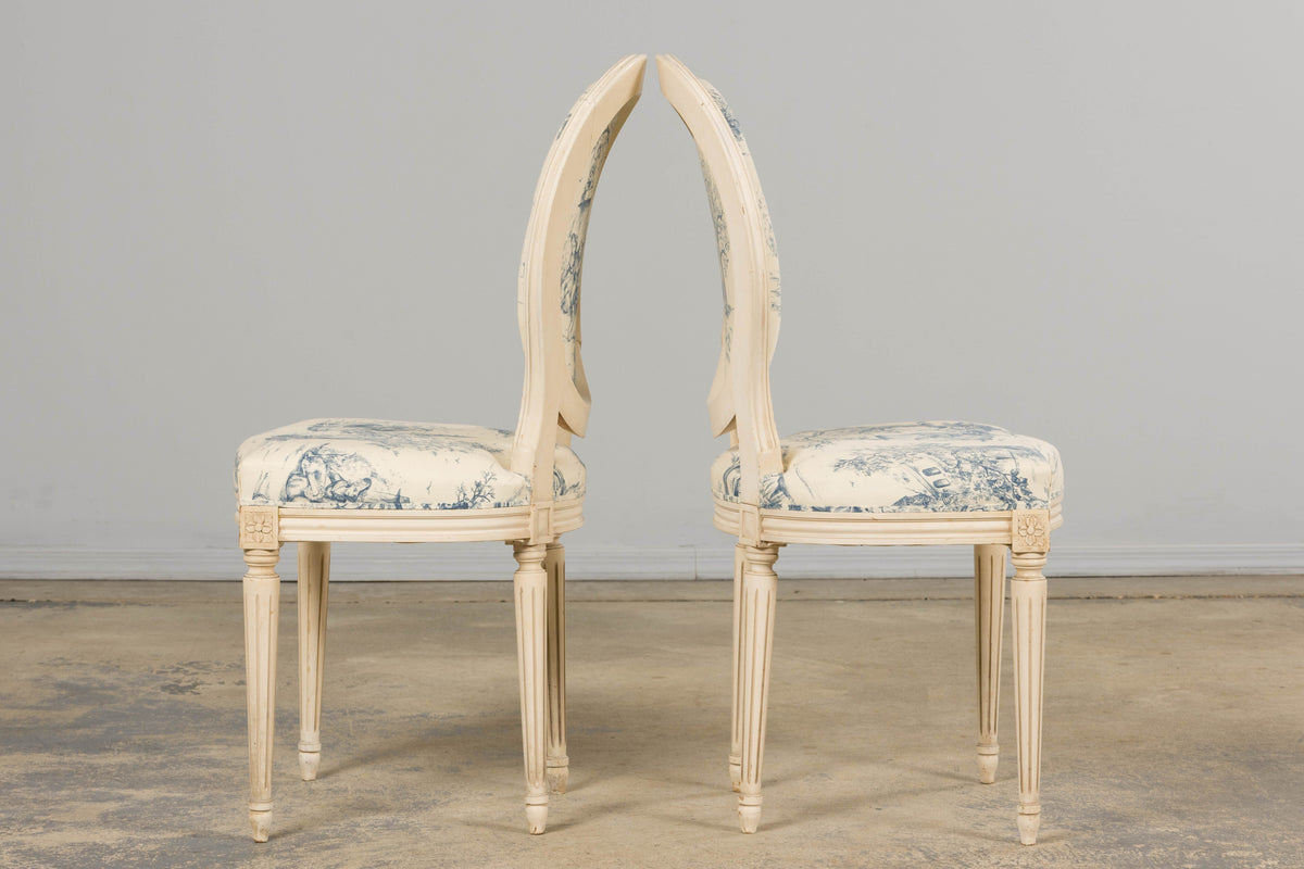Antique French Louis XVI Style Painted Accent Side Chairs in Blue Toile – A Pair