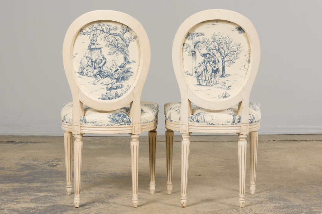Antique French Louis XVI Style Painted Accent Side Chairs in Blue Toile – A Pair