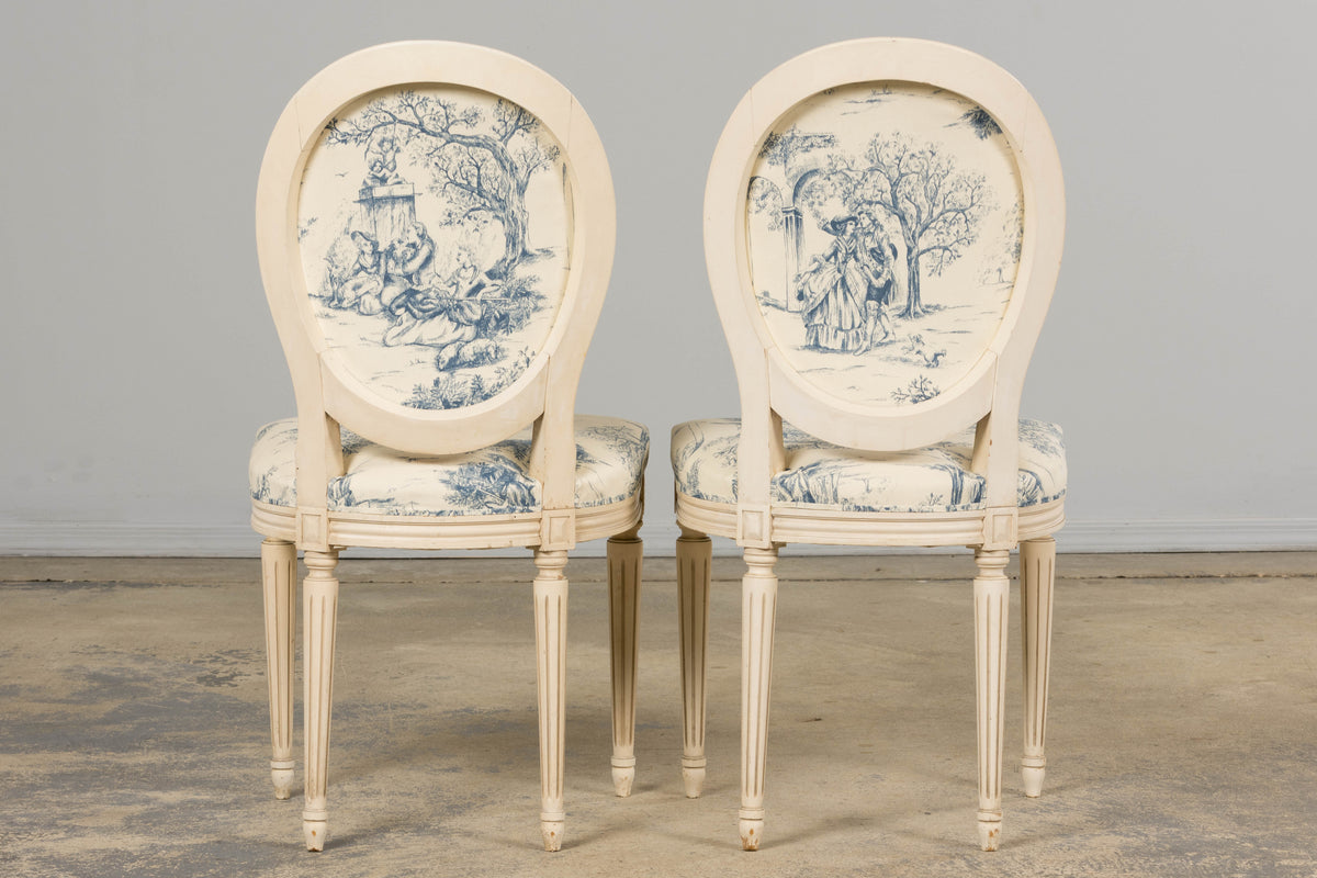 Antique French Louis XVI Style Painted Accent Side Chairs in Blue Toile – A Pair