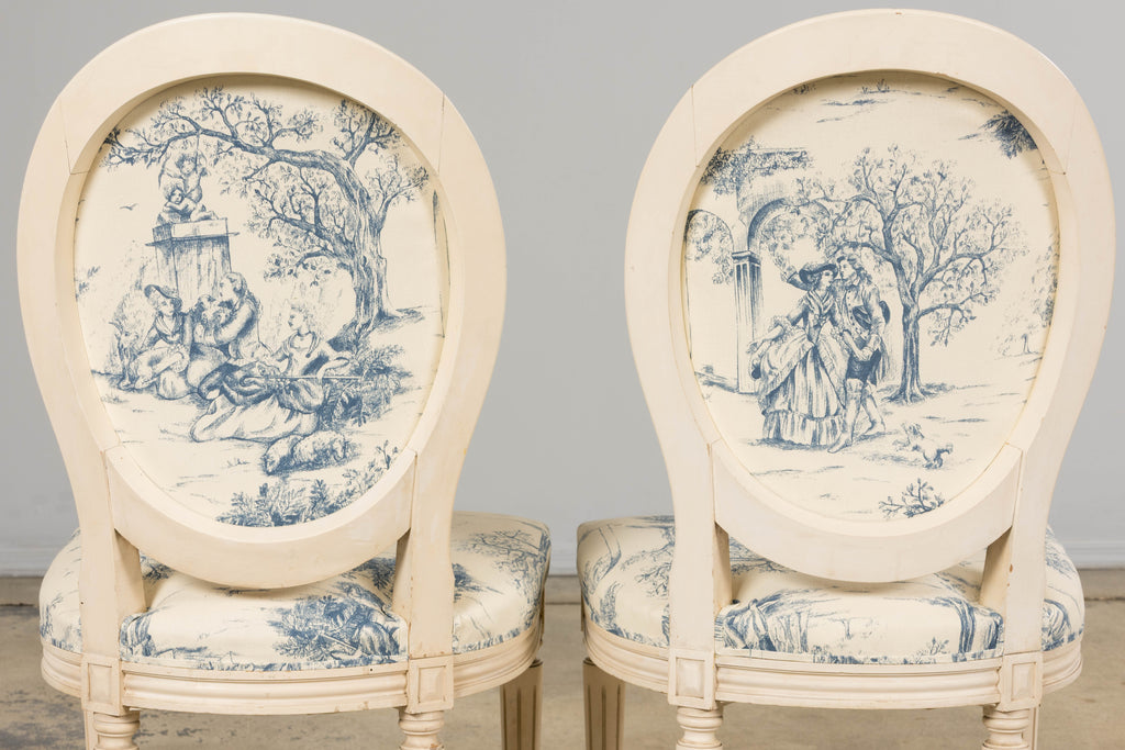 Antique French Louis XVI Style Painted Accent Side Chairs in Blue Toile – A Pair