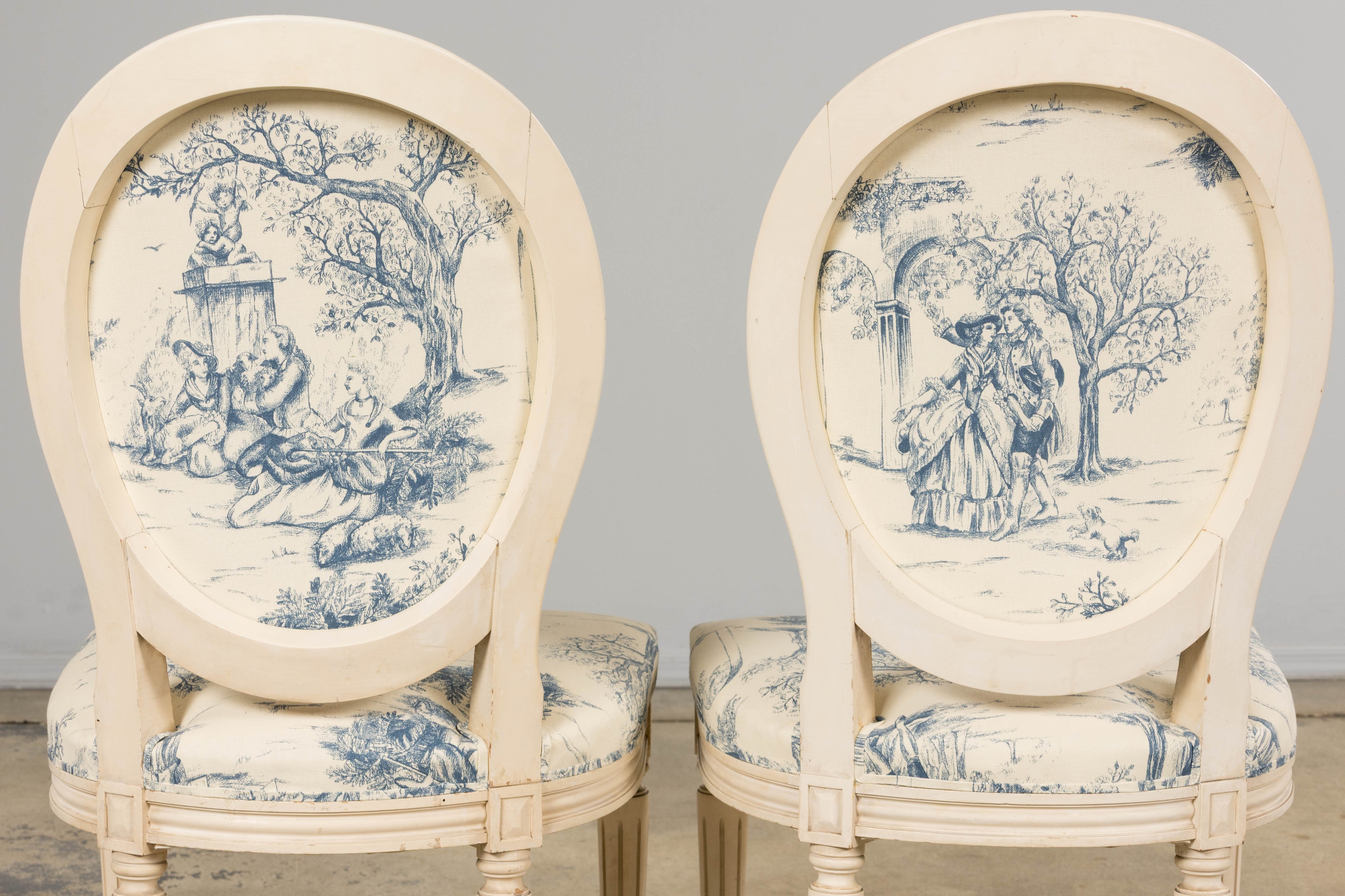 Antique French Louis XVI Style Painted Accent Side Chairs in Blue Toile – A Pair
