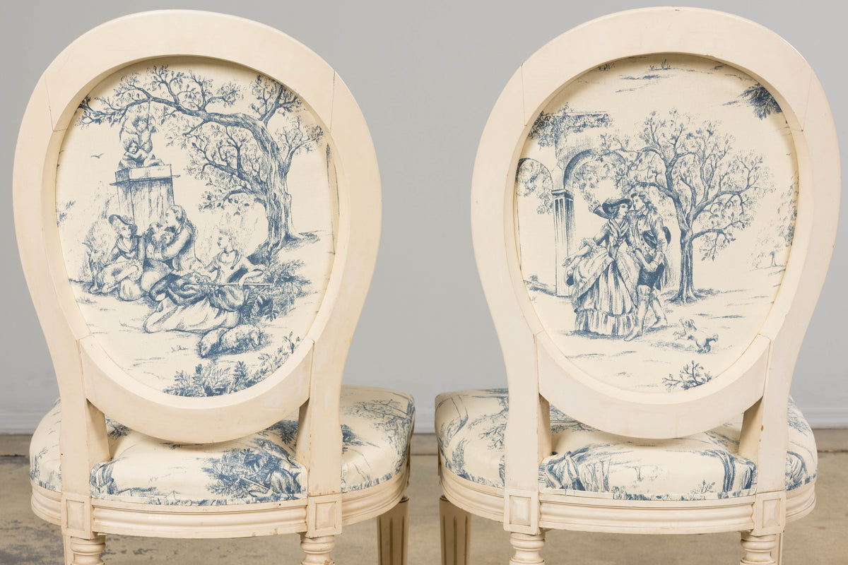 Antique French Louis XVI Style Painted Accent Side Chairs in Blue Toile – A Pair