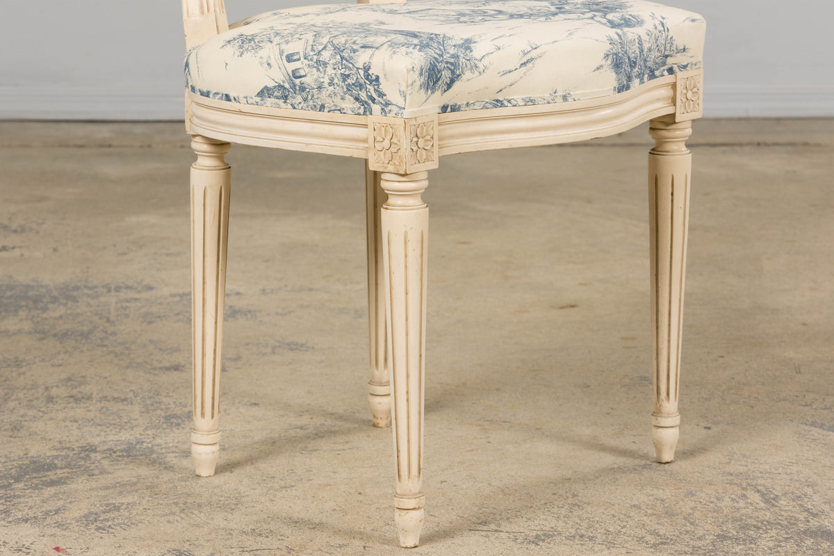 Antique French Louis XVI Style Painted Accent Side Chairs in Blue Toile – A Pair