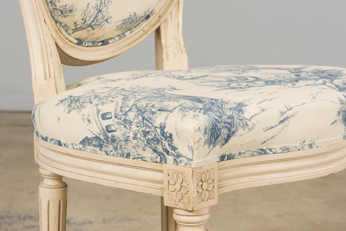 Antique French Louis XVI Style Painted Accent Side Chairs in Blue Toile – A Pair