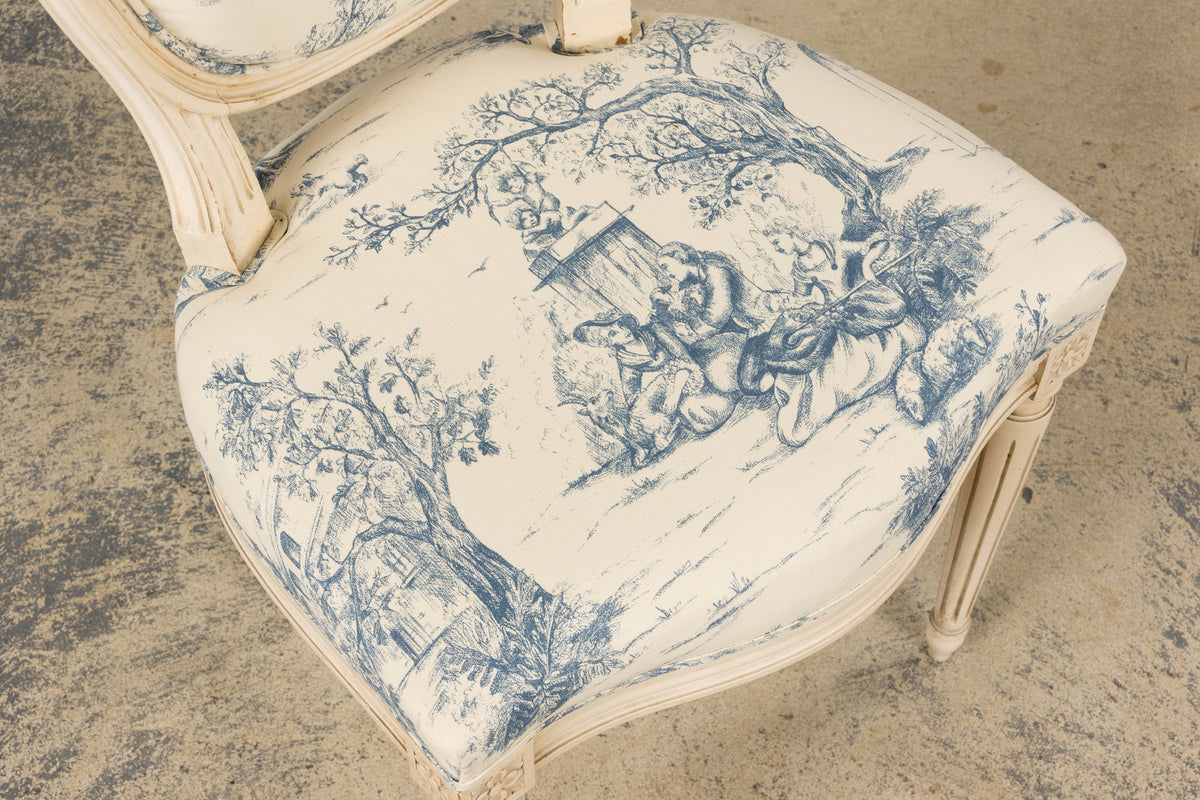 Antique French Louis XVI Style Painted Accent Side Chairs in Blue Toile – A Pair