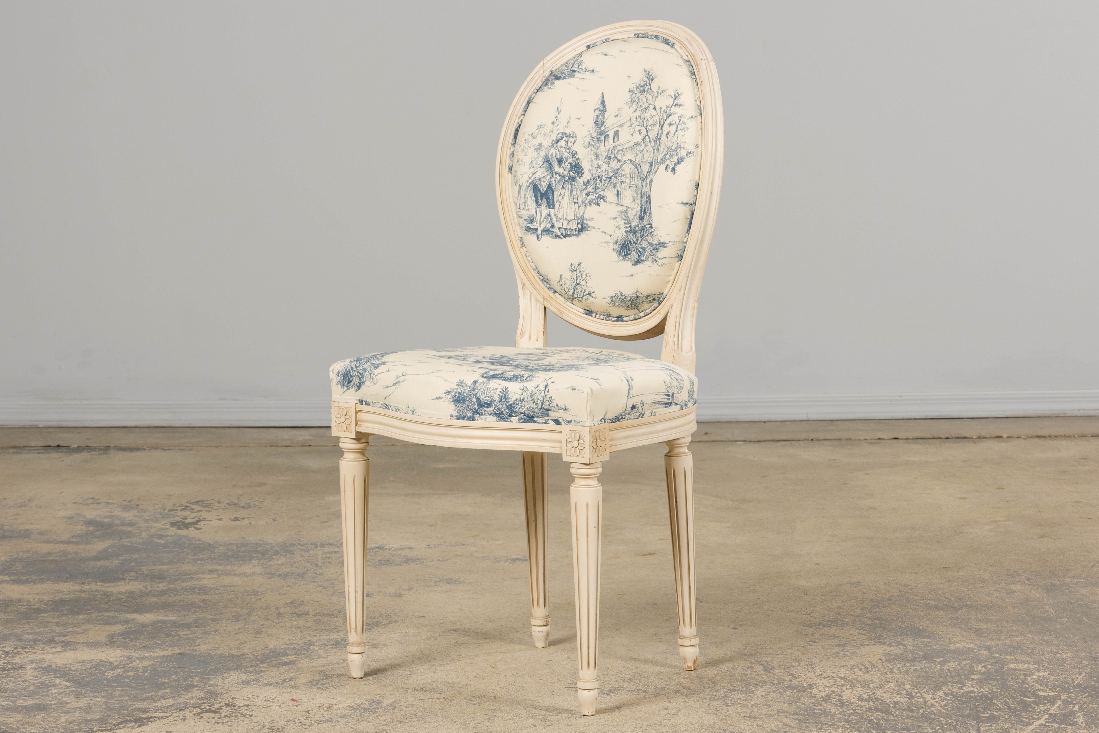 Antique French Louis XVI Style Painted Accent Side Chairs in Blue Toile – A Pair
