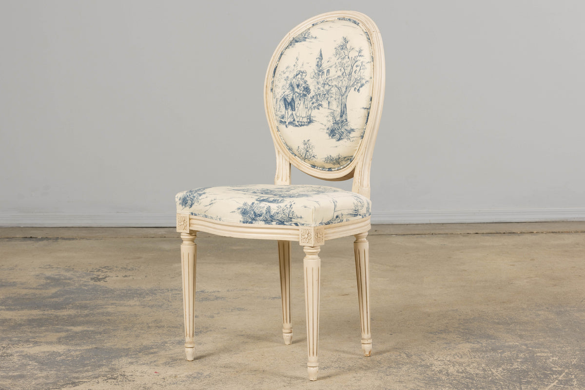 Antique French Louis XVI Style Painted Accent Side Chairs in Blue Toile – A Pair