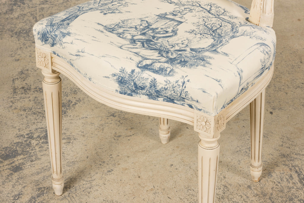 Antique French Louis XVI Style Painted Accent Side Chairs in Blue Toile – A Pair