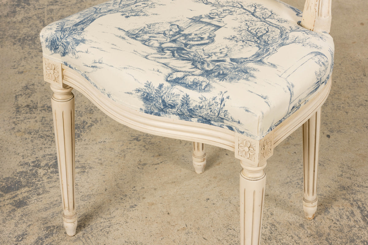 Antique French Louis XVI Style Painted Accent Side Chairs in Blue Toile – A Pair