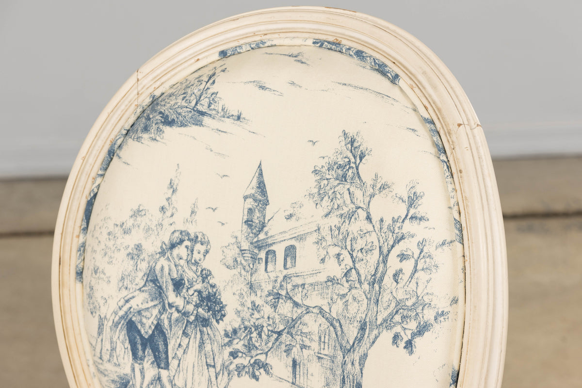 Antique French Louis XVI Style Painted Accent Side Chairs in Blue Toile – A Pair