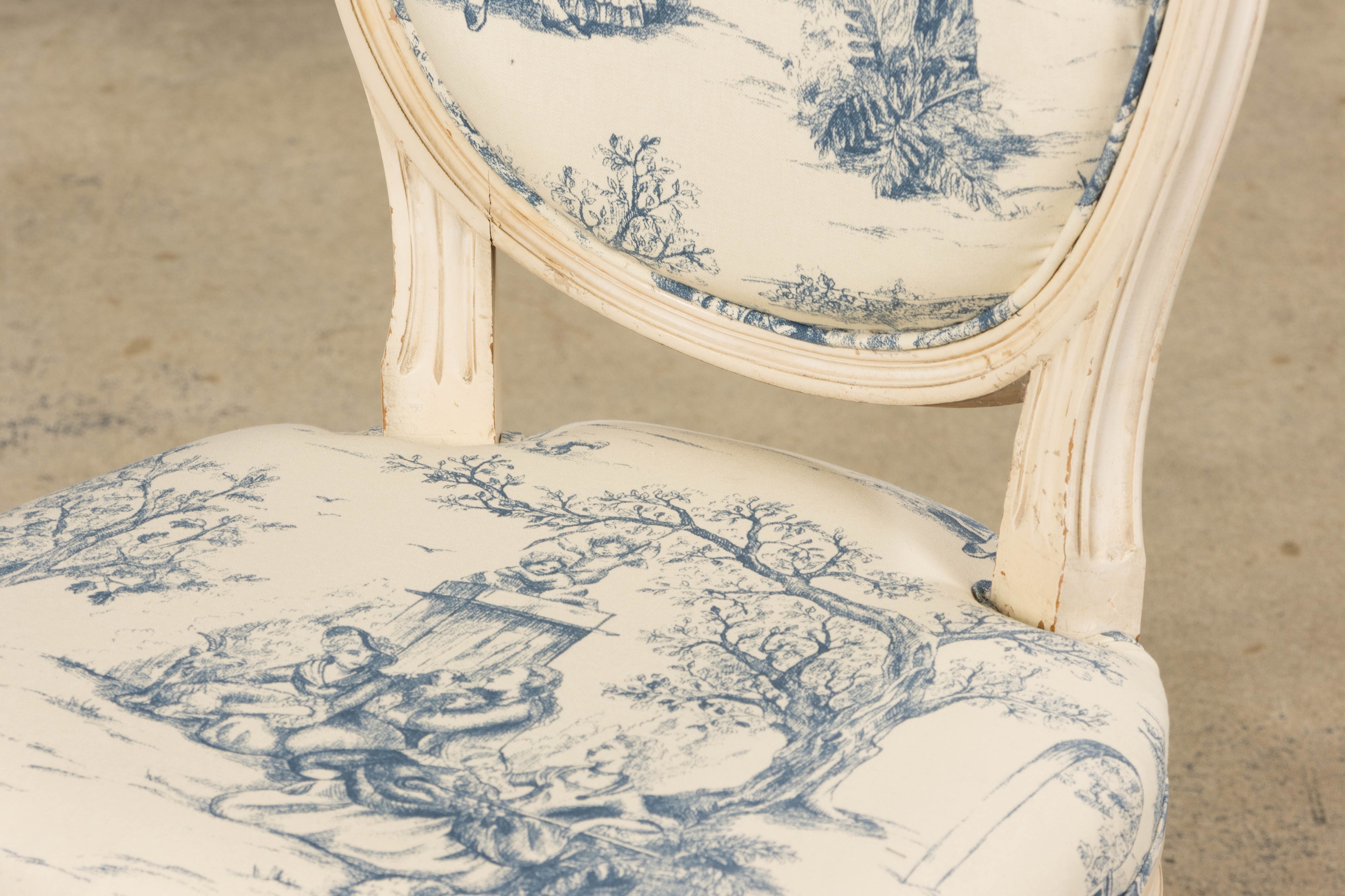 Antique French Louis XVI Style Painted Accent Side Chairs in Blue Toile – A Pair