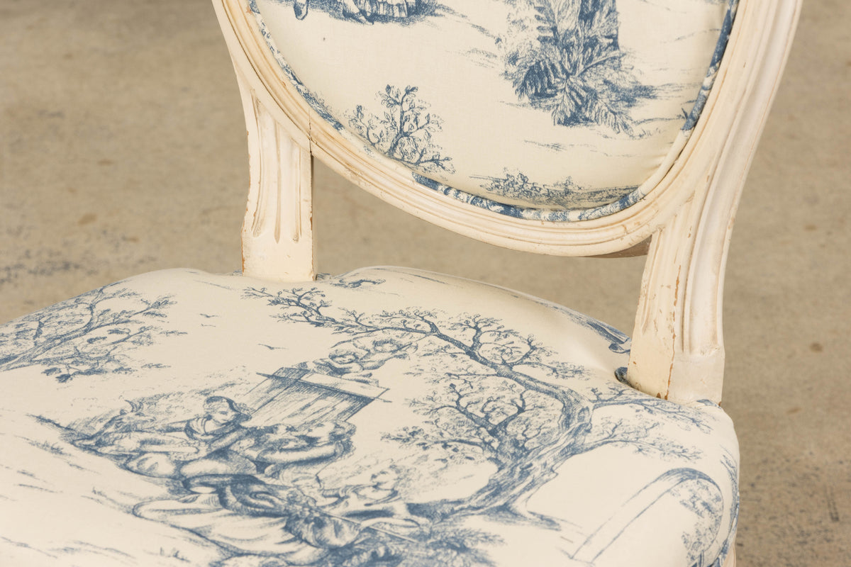 Antique French Louis XVI Style Painted Accent Side Chairs in Blue Toile – A Pair