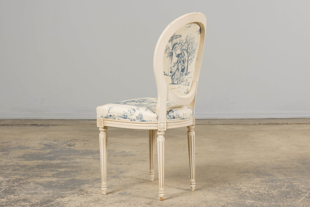 Antique French Louis XVI Style Painted Accent Side Chairs in Blue Toile – A Pair