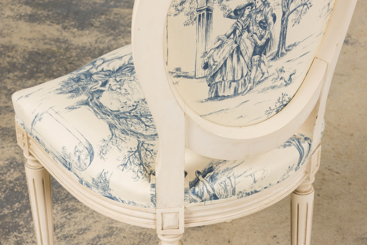 Antique French Louis XVI Style Painted Accent Side Chairs in Blue Toile – A Pair