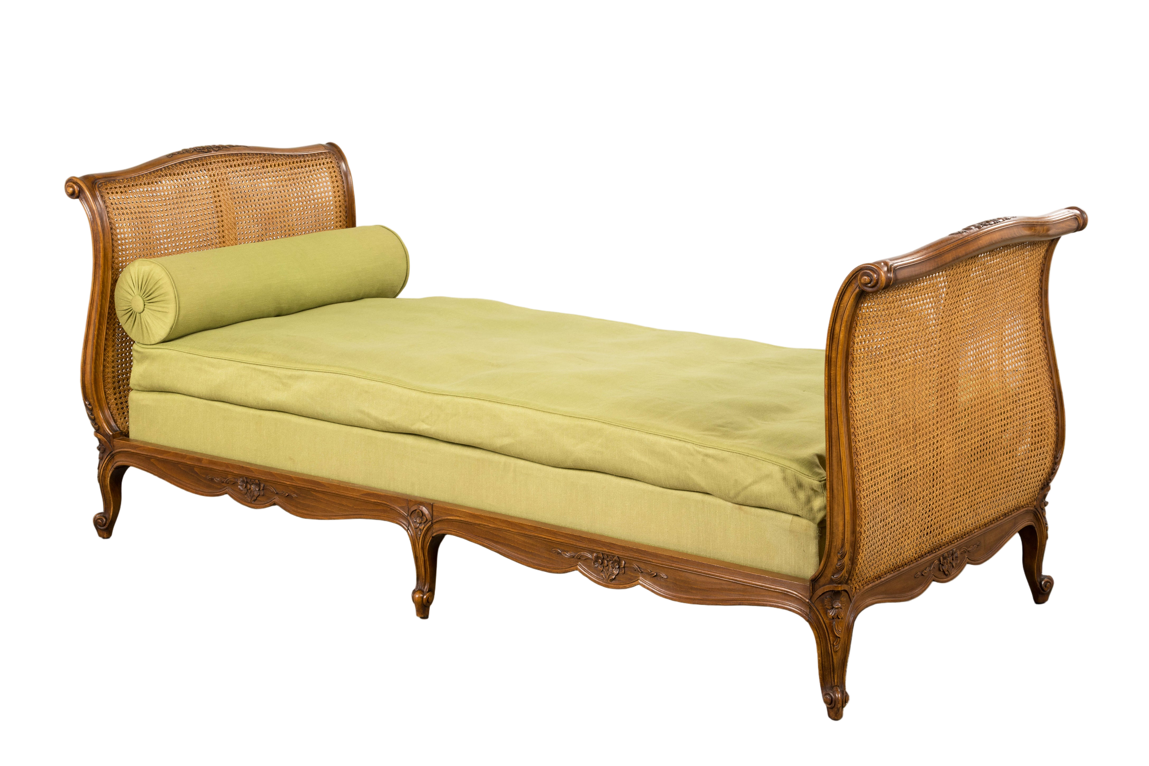 Antique French Louis XV Style Walnut Cane Daybed W/ Light Green Linen