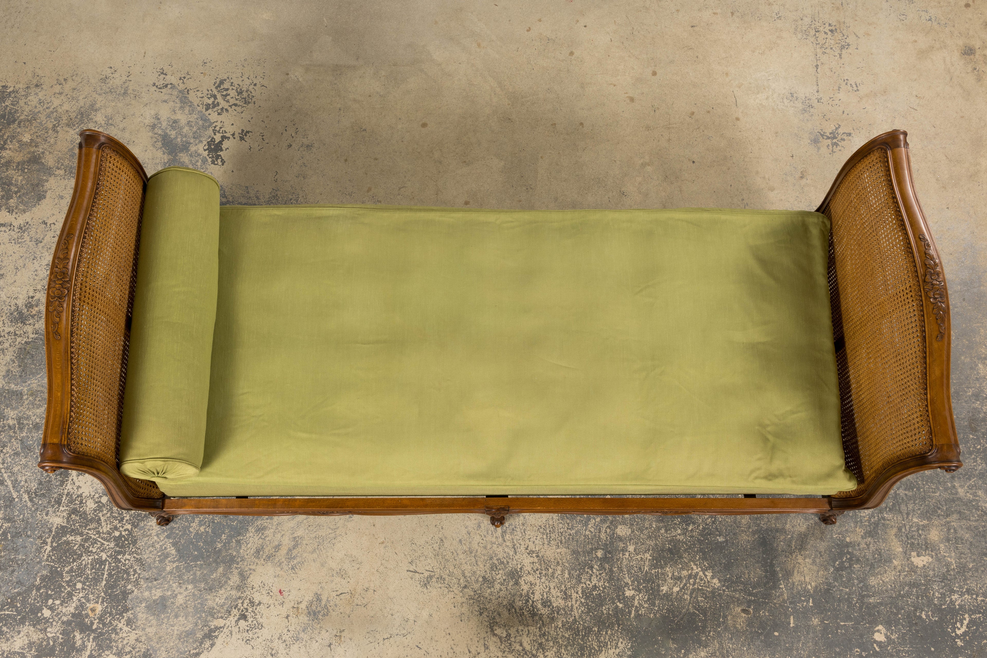 Antique French Louis XV Style Walnut Cane Daybed W/ Light Green Linen