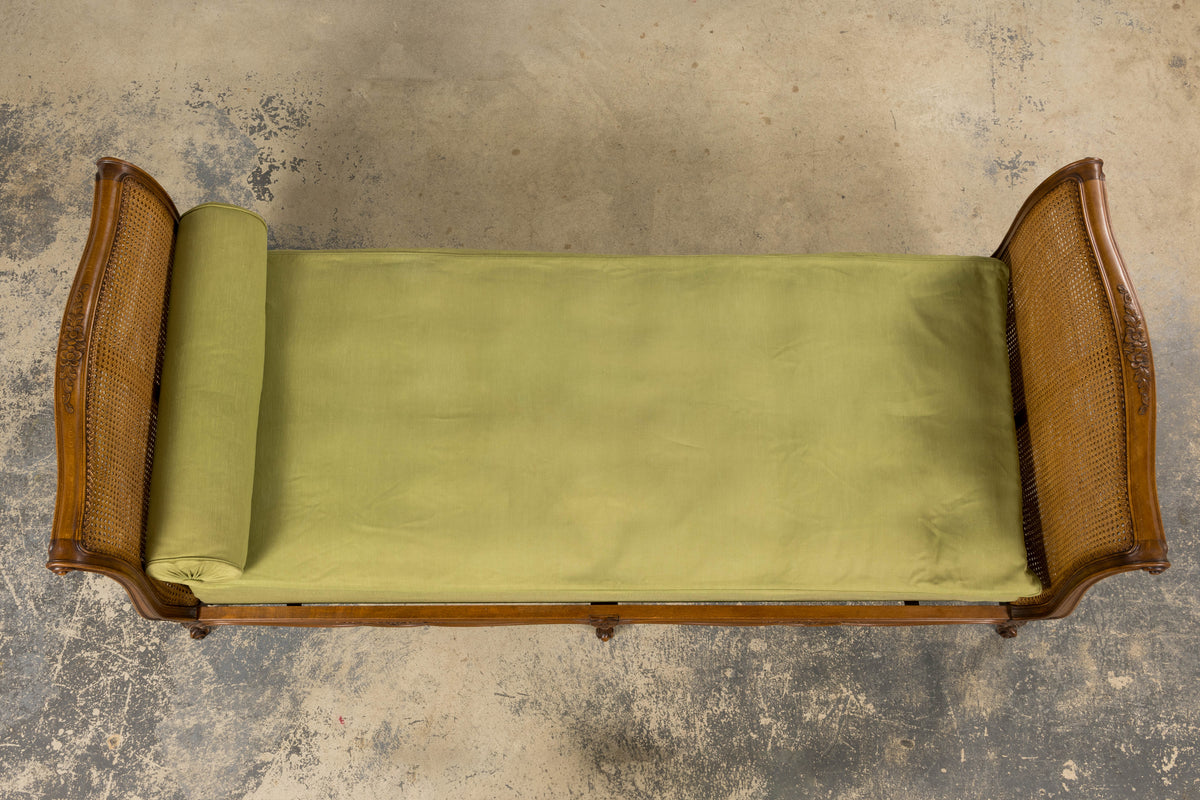 Antique French Louis XV Style Walnut Cane Daybed W/ Light Green Linen
