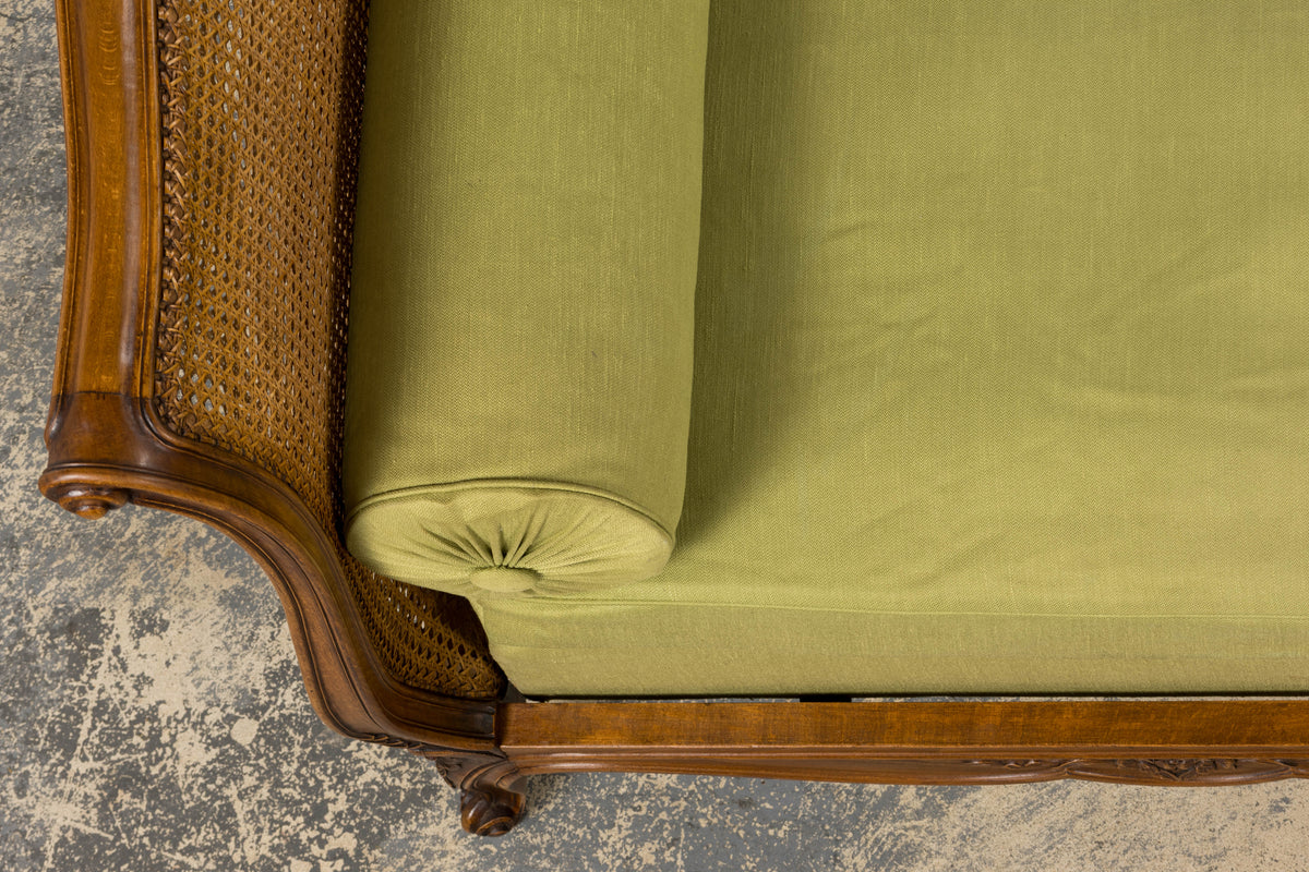 Antique French Louis XV Style Walnut Cane Daybed W/ Light Green Linen