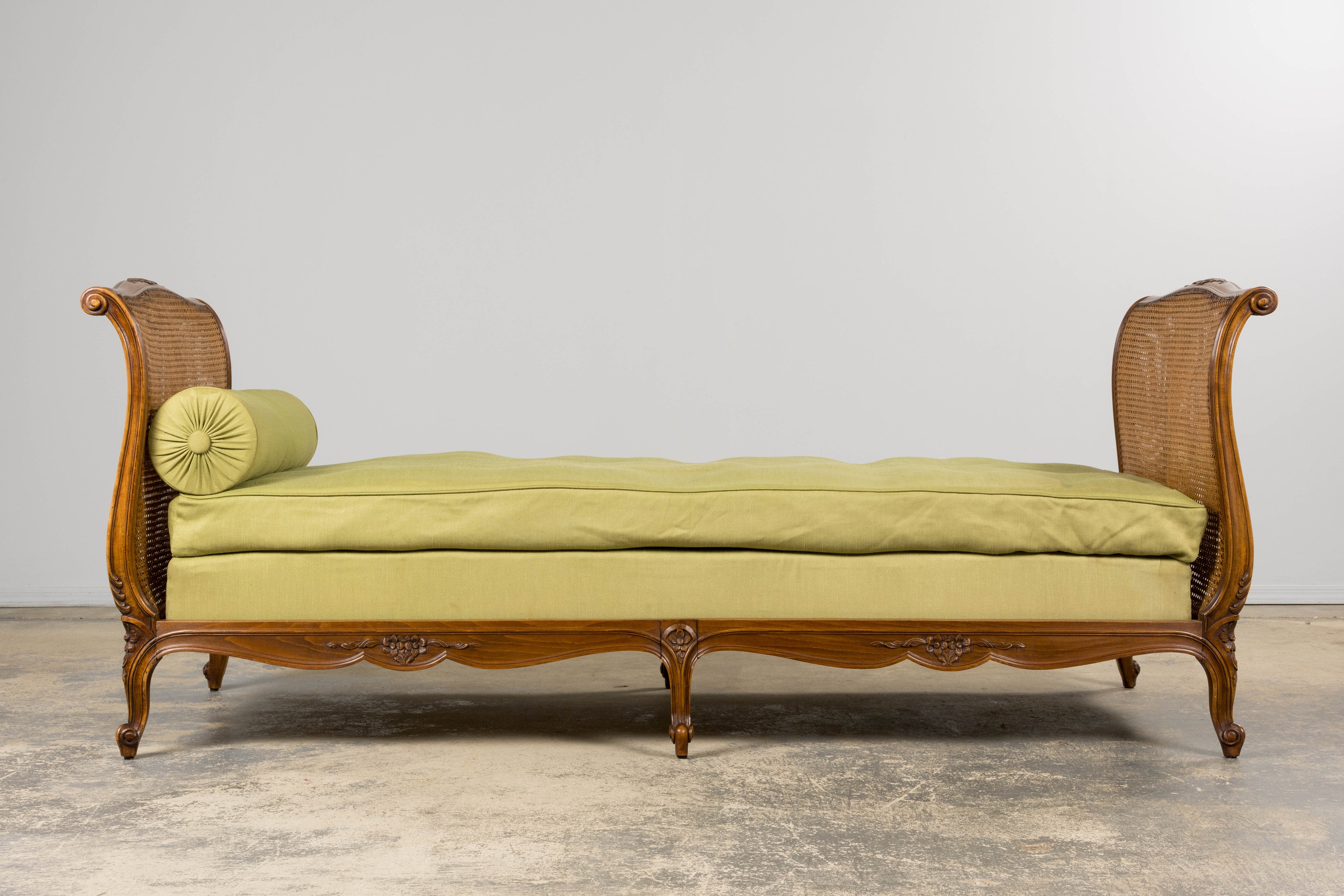 Antique French Louis XV Style Walnut Cane Daybed W/ Light Green Linen