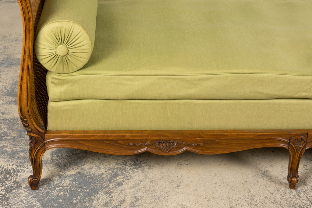 Antique French Louis XV Style Walnut Cane Daybed W/ Light Green Linen