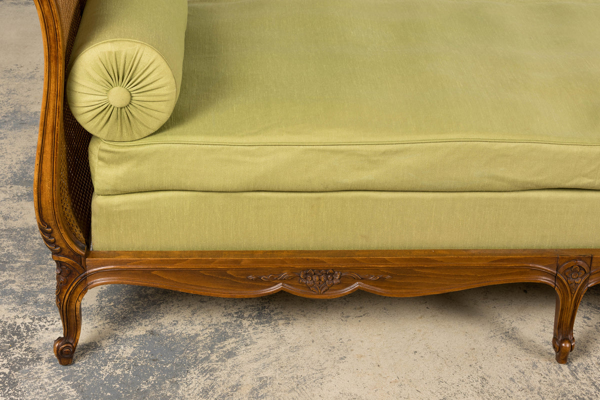 Antique French Louis XV Style Walnut Cane Daybed W/ Light Green Linen
